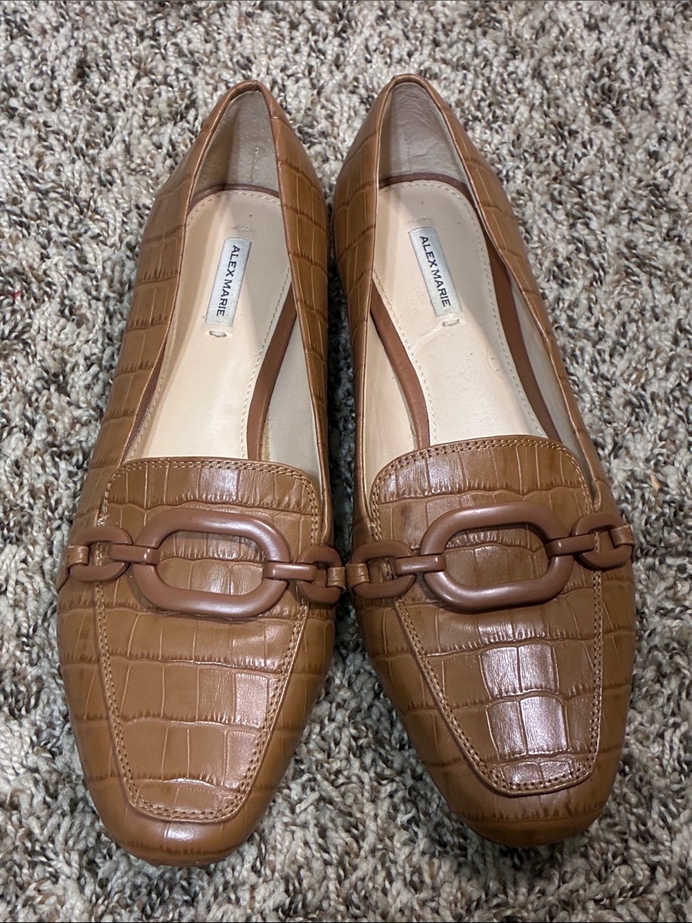 Alex Marie Brown Croc-Embossed Leather Loafers with Link Detail